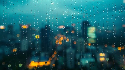 city skyline at night seen through raindrops on window, rainy day, bokeh lights, dark blue