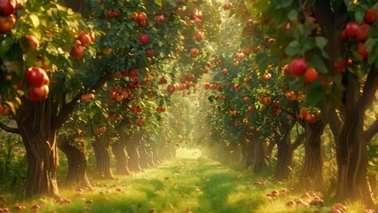 Canvas Print - Rows of apple trees in an orchard with fallen ripe apples on the ground, Enchanting apple orchard with rows of trees heavy with fruit