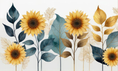 Wall Mural - Background with sunflower, golden branches and leaves in watercolor style.