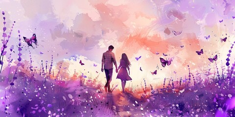 Sticker - Couple walking through a field of lavender