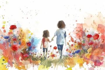 Wall Mural - Captivating watercolor illustration of children holding hand