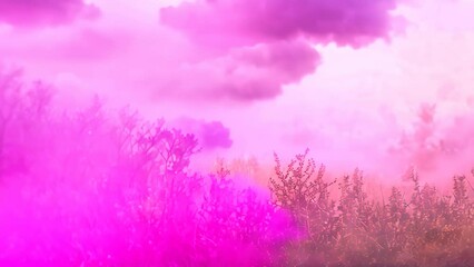 Sticker - A painting featuring a field filled with vibrant pink and yellow flowers, creating a colorful and lively scene, Ethereal mists of pink and gold