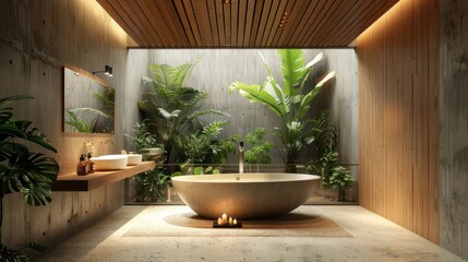 Brutalist interior design. Interior of modern bathroom with wooden walls, concrete floor, comfortable bathtub and green plants.