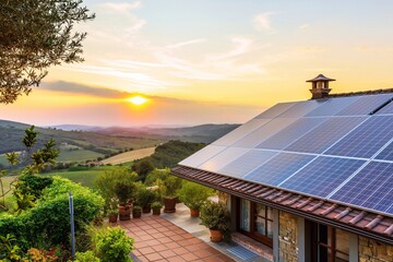 A modern house with solar panels on the roof and a beautiful view at sunset.