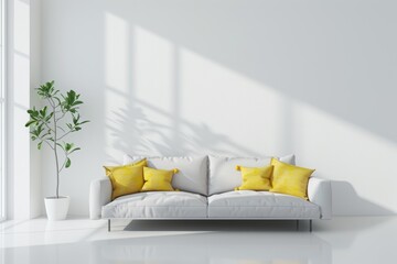 Wall Mural - Modern White Sofa with Vibrant Yellow Cushions. Generative AI.