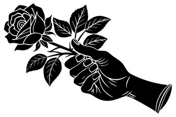 Wall Mural - hand hold the linocut branch rose silhouette vector illustration