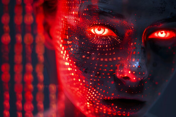 Canvas Print - Genderless person face, red glowing abstract digital background. Evil artificial intelligence threat or risk of self aware malignant computer code. 