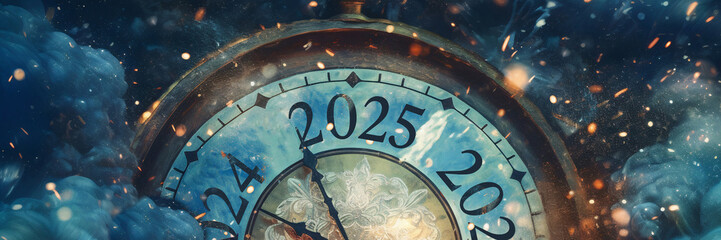 Wall Mural - 2025 New Year , Clock And Golden Fireworks Countdown To Midnight .