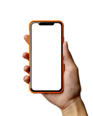 Mobile phone screen mockup in case. Hand holding smartphone display mock up isolated on white
