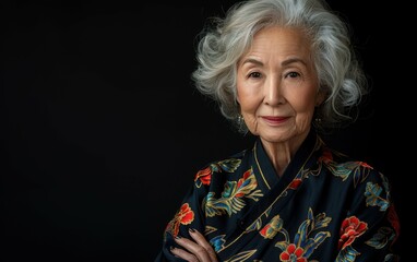 Wall Mural - An elderly Asian woman with gray hair, wearing a floral kimono, stands in front of a black backdrop. Her arms are crossed, and she is looking directly at the camera with a serene expression