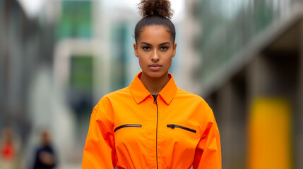 Fashion show, Confident model in a vibrant orange jumpsuit radiating modern street style on high-fashion runway 