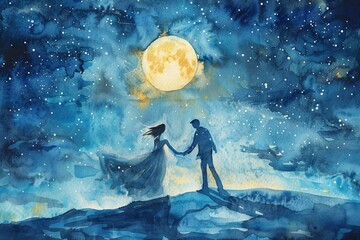 Wall Mural - Elegant watercolor illustration of a couple dancing under the moonlight