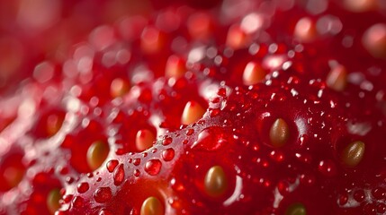 A sumptuous macro of a strawberry surface dazzles with dewdrops like miniature jewels, intensifying the vivid red texture sprinkled with golden seeds.