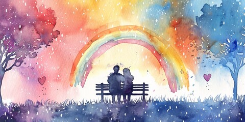 Sticker - Ethereal watercolor illustration of a couple sitting on a bench