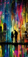 Wall Mural - Figures in silhouette against a vibrant city skyline.