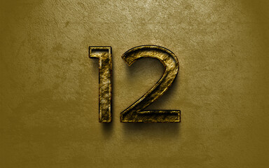 Wall Mural - 3D dark golden number design of 12 on cracked golden background.