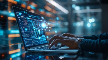 a man immersed in advanced data analytics on a futuristic interface, showcasing a blend of technolog