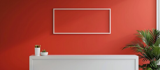 Minimalistic office mockup with a bright red wall, white desk, and an empty white frame in a  layout.