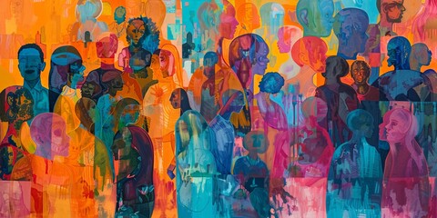 a painting of a crowd of people with a blue background