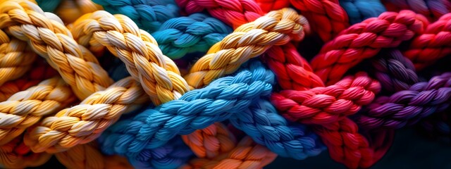 close-up of colorful ropes intertwined in an intricate knot Strong diverse network rope team concept integrate braid color background cooperation empower power.