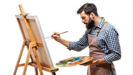 Man with a painter's palette is painting on a canvas that is on an easel. isolated