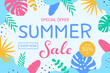 © One Pixel Studio - Summer Sale poster. Vacation background with tropical leaves - palm, monstera. Vector illustration