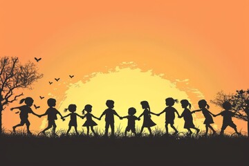 Wall Mural - Minimalistic graphic of kids holding hands and forming a circle of friendship