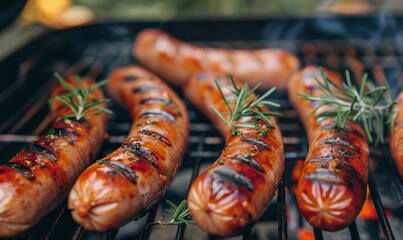 Wall Mural - Grilled bbq sausages on metal grill, tasty barbecue food