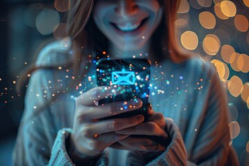 Woman using smartphone with internet and networking technology.