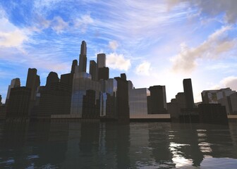 Wall Mural - Modern city with skyscrapers over the water, 3D rendering