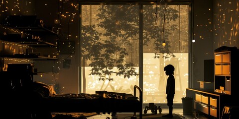 Wall Mural - Silhouette of a children's room with a night-time glow.