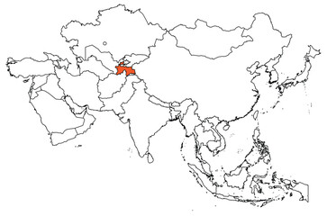 Wall Mural - Map of the continent of Asia with country borders. Map of Tajikistan