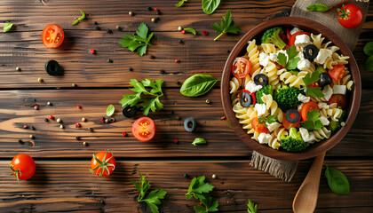 Canvas Print - Pasta salad with tomato, broccoli, black olives, and cheese feta on wooden table, top view