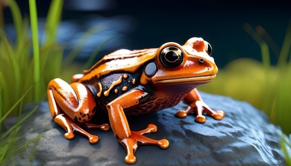 Wall Mural - Orange frog with big eyes in vibrant jungle setting against dark background. Generative AI