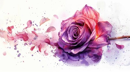 Wall Mural - Elegant purple rose flower with watercolor style copy space background