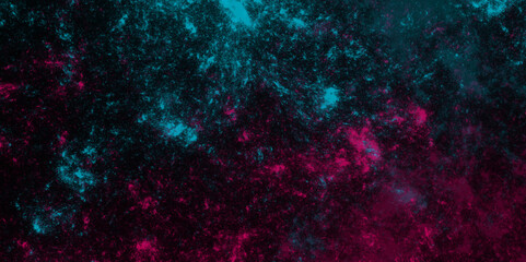 Star field background Aquamarine and pink dark red pink, teal and purple nebula universe. Cosmic neon light blue watercolor background aquarelle deep black Paper textured. Fantastic outer view space