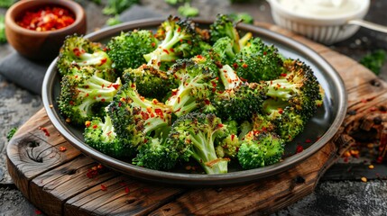 Wall Mural - A plate of spicy roasted broccoli with a sprinkle of red pepper flakes and a side of garlic aioli, arranged on a rustic wooden board