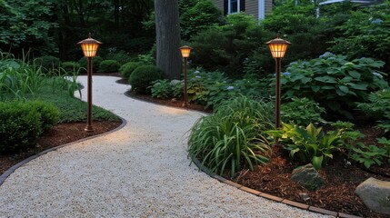 A winding stone path illuminated by three lamp posts leads through a lush green garden at dusk