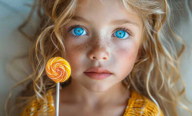 Wall Mural - A young girl with blue eyes is holding a lollipop in her hand. Concept of innocence and childhood joy