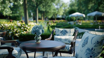 A wooden coffee table with two white mugs, a potted succulent, and a potted fern sits in front of a grey sofa on a patio. The sofa has a white pillow and the patio is surrounded by greenery