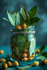 Wall Mural - A jar filled with green leaves and nuts. The jar is on a blue surface.