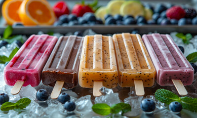 Wall Mural - A row of popsicles with different flavors and colors. The popsicles are on a tray with ice and fruit