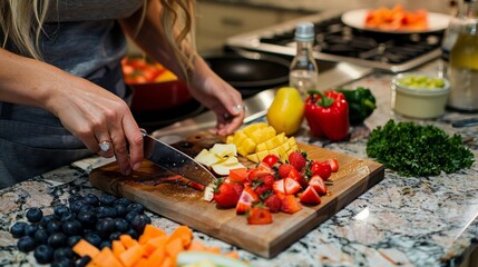 Wall Mural - A woman ting up fresh fruits and vegetables for a breakfast omelette using a portable ting board and knife.