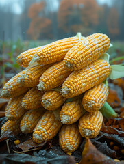 Wall Mural - A pile of corn on the ground with a frosty look to it. The corn is yellow and white