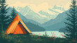 © Dirk - illustration, camping in a tent, active holidays, alpine mountain landscape, wildcamping in nature. Outdoor adventure, sleeping in the wilderness. Mountain landscape with forest and tent.