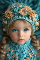 Wall Mural - A young girl wearing a blue hat with flowers on it