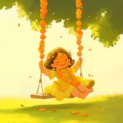 Canvas Print - Simple illustration for the teej festival with girl on swing.