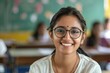 © Isuru - Happy young Indian woman or teacher in classroom setting.