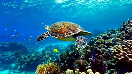 Poster - medium to wide shot, Hawksbill sea turtle, swimming in coral reef, Caribbean Sea, Curacao, serene, colorful, vibrant, peaceful