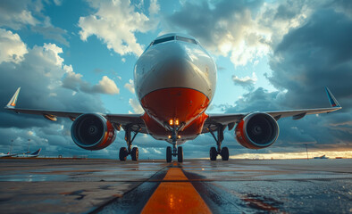 Wall Mural - A large airplane is parked on the runway with its landing gear down